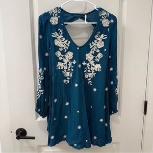Free People Sweet Tennessee Embroidered Mini Dress Teal XS Floral Keyhole Boho